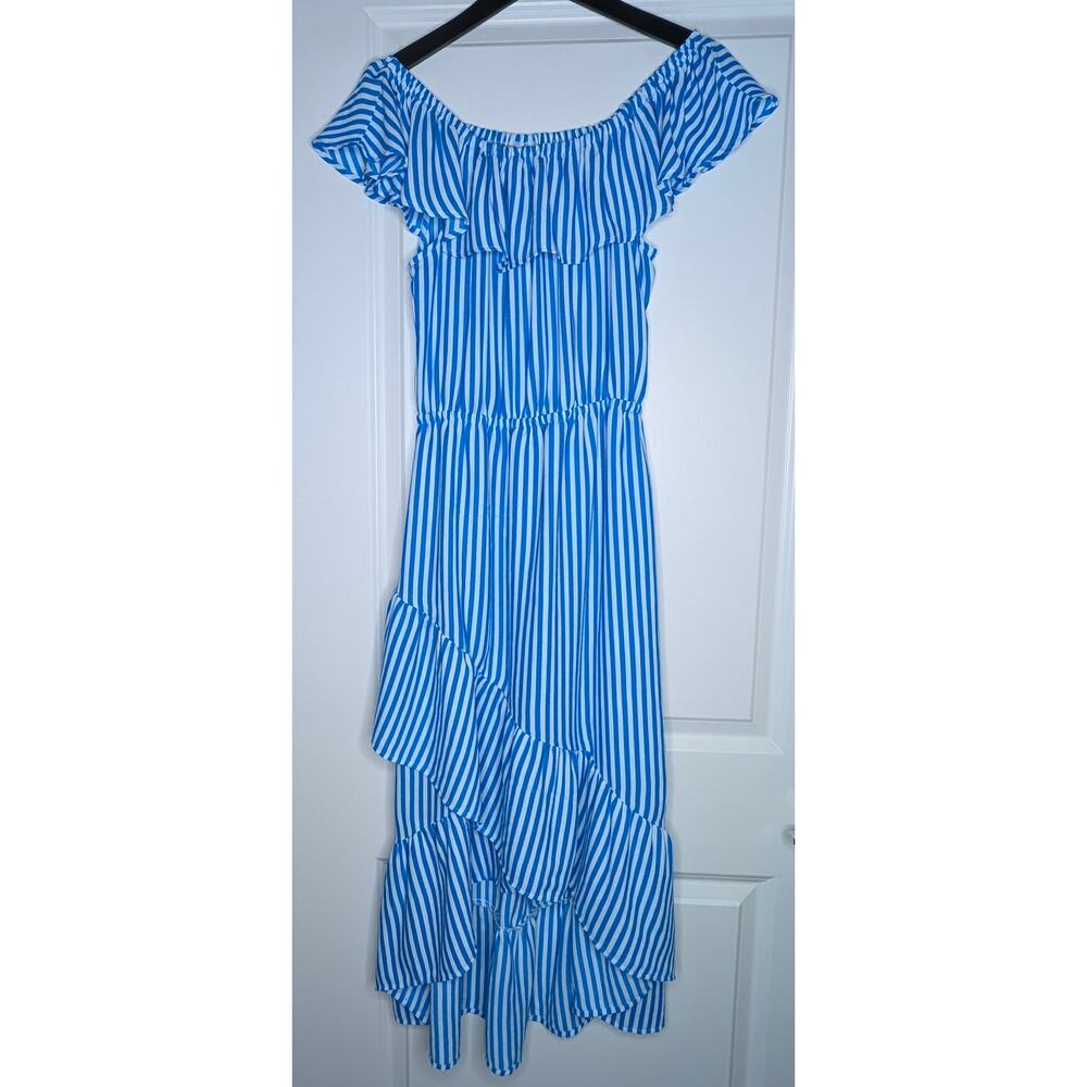 Tommy Bahama Off Shoulder Maxi Dress S Blue White Stripe Tiered Ruffle Resort - Picture 2 of 16